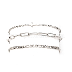 3Pcs 3 Styles 304 Stainless Steel Figaro & Paperclip Chain Bracelets & Link Bracelets for Women&nbsp;BJEW-JB12432