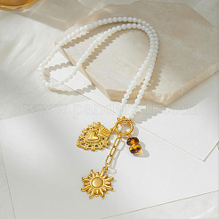 304 Stainless Steel Sacred Heart Sun Pendant White Glass Beaded Necklaces for Women&nbsp;WG88FB4-01