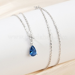 925 Sterling Silver Sapphire Rhinestone Teardrop Pendant Necklace for Women&nbsp;NJEW-V013-01P