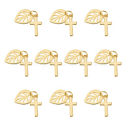 10Pcs Cross with Leaf Brass Pendants&nbsp;PALLOY-TAC0273