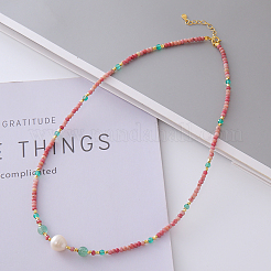 Natural Rhodonite Faceted Rondelle & Green Strawberry Quartz Beaded Natural Freshwater Pearl Nuggets Pendant Necklaces&nbsp;MP0641