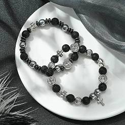 2Pcs 2 Style Natural Lava Rock & Alloy Saint Benedict Medal Beaded Stretch Bracelets Set&nbsp;BJEW-JB09635