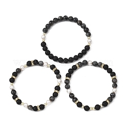 3Pcs 3 Styles Natural Lava Rock & Larvikite & Shell Pearl Beaded Stretch Bracelets for Kids&nbsp;BJEW-JB14097