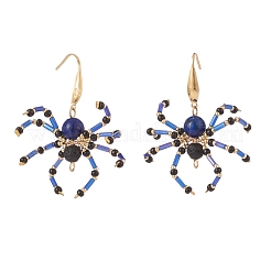 Natural Lava Rock & Lapis Lazuli Braided Spider Dangle Earrings&nbsp;EJEW-TA00102-01