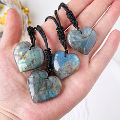 Heart Natural Labradorite Pendant Adjustable Braided Cord Necklaces&nbsp;FS-WG928F5-01