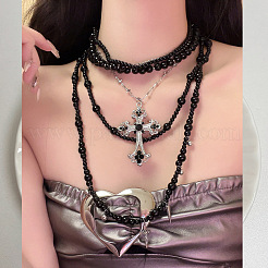 Gothic Cross Alloy & Plastic Imitation Pearl Pendant Multi Layered Necklaces for Women&nbsp;FS-WG7611B-01