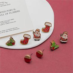 4 Pairs Santa Claus & Holly Leaves & Christmas Socking Printed Wood Stud Earrings&nbsp;EJEW-OY001-02
