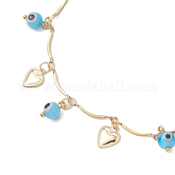 3Pcs 3 Styles Handmade Evil Eye Lampwork & Stainless Steel Moon Heart Leaf Tassel 304 Stainless Steel Curved Bar Link Chain Anklets for Women&nbsp;AJEW-AN00742