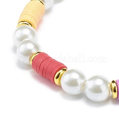 Polymer Clay Heishi & Glass Pearl & Brass Beaded Stretch Bracelet for Women&nbsp;BJEW-JB08754