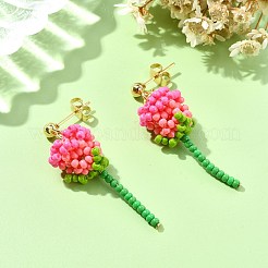 3Pairs 304 Stainless Steel Rose Glass Seed Beaded Dangle Stud Earrings&nbsp;EJEW-MZ00333