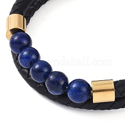 Mixed Stone Round Bead Leather Cord Multi-strand Bracelets&nbsp;BJEW-A009-10G