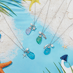 4Pcs 4 Style Twist Teardrop Glass & Alloy Ocean Theme Pendant Necklaces Set&nbsp;NJEW-AN0001-57