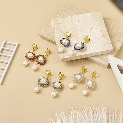 4 Pair 4 Style Natural Mixed Gemstone & Shell Pearl Beaded Flower Dangle Stud Earrings&nbsp;EJEW-JE05076