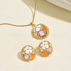 Flat Round with Flower Alloy & Plastic Stud Earrings & Pendant Necklaces Sets for Women&nbsp;BS1463