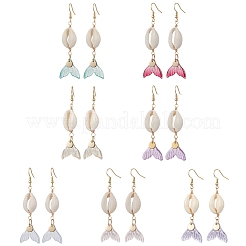 7 Pairs Natural Cowrie Shell Glass Dangle Earrings&nbsp;EJEW-JE06385