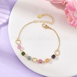 Natural Multicolor Tourmaline Faceted Cube Beaded Brass Chain Bracelets for Women&nbsp;BJEW-JB14334-01