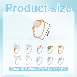 10Pcs Copper Wire Wrapped Natural Green Aventurine & White Jade & Quartz Crystal Finger Rings&nbsp;RJEW-UN00054