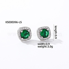 Elegant Zircon Square Stud Earrings for Women, Fashionable and Versatile, Square, Silver, Green, 9x9mm