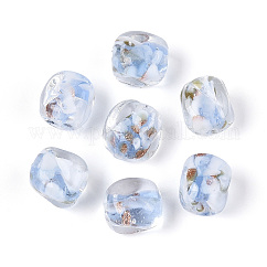 Handmade Gold Sand Lampwork Beads, Cuboid with Flower, with Porcelain, Light Steel Blue, 12~13x10~11x10~11mm, Hole: 1.2~1.5mm