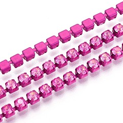 Iron Rhinestone Cup Chains, with Spool, Fuchsia, 2x2x2mm, about 29.99 Feet(9.14m)/Roll