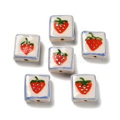 Printed Handmade Porcelain Beads, Hand Painted Ceramic Beads, Square, Strawberry, 16x16x7mm, Hole: 1.8mm