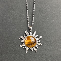 Natural Tiger Eye Sun Pendant Alloy Chain Vintage Necklaces, Platinum, 19.69 inch(50cm)