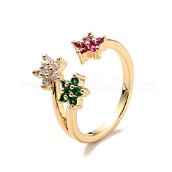 Colorful Cubic Zirconia Flower Open Cuff Ring&nbsp;RJEW-G251-12G