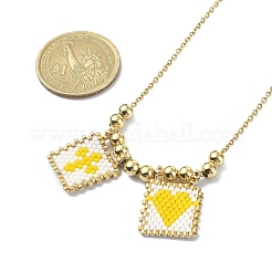 Rectangle with Cross & Heart Glass Seed Beaded Pendant Necklace&nbsp;NJEW-MZ00015-01