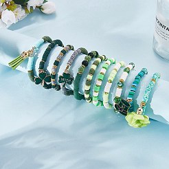11Pcs 11 Style Alloy Enamel Clover & Cloth Flower Tassel Charm Stretch Bracelets Set&nbsp;BJEW-SW00101
