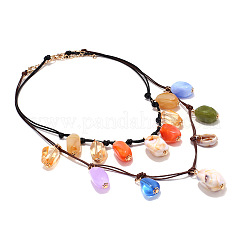 Bohemian Resin Nuggets Pendant Leather Cord Double Layer Bib Necklaces for Women&nbsp;WG1D07C-01