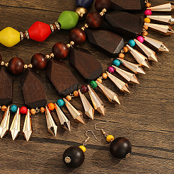 Wood with Plastic Multilayer Necklace & Round Beaded Dangle Earring&nbsp;FS-WGCB179-01