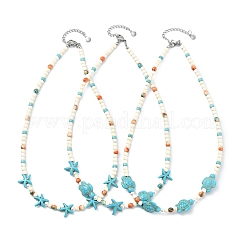 3Pcs 3 Styles Ocean Dyed Synthetic Ocean White Jade & Shell Pearl & Synthetic Turquoise Starfish Turtle Beaded Necklaces&nbsp;NJEW-JN06276