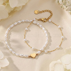 2Pcs 2 Styles 304 Stainless Steel & Imitation Pearl Link Bracelets&nbsp;ON9511-2