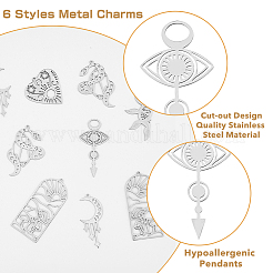12Pcs 6 Styles Divination Theme 201 Stainless Steel Pendants&nbsp;STAS-DC0012-70