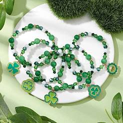 5Pcs 5 Styles Saint Patrick's Day Theme Natural Dyed Yellow Jade & Glass Beads Stretch Bracelets&nbsp;BJEW-JB11156