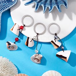 3Pcs Natural Shiva Eye Shell & Acrylic Imitation Pearl Pendant Keychain&nbsp;KEYC-JKC00990