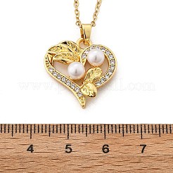Brass Micro Pave Clear Cubic Zirconia Heart with Leaf Pendant Neckalces for Women&nbsp;NJEW-S448-11G