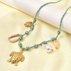Summer Beach 304 Stainless Steel & Electroplated Natural Shell Pendant Adjustable Polyester Cord Necklaces for Women&nbsp;NJEW-F348-01E-G