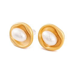Flat Round Brass & Freshwater Pearl Stud Earrings for Women&nbsp;EJEW-G391-04MG