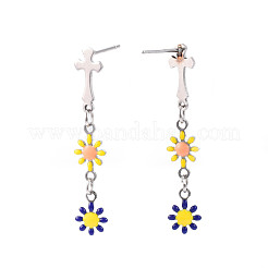 Cross with Flower Enamel Long Dangle Stud Earrings&nbsp;EJEW-N049-01B