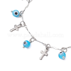 Handmade Evil Eye Lampwork & 304 Stainless Steel Cross Tassel Bar Link Chain Anklets for Women&nbsp;AJEW-AN00741-03