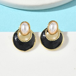 Oval with Flat Round Brass Enamel Stud Earrings&nbsp;EJEW-P341-02G
