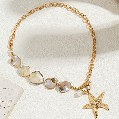 Bohemian Ocean Starfish Alloy Pendant Natural Shell Beaded Iron Chain Necklaces for Women&nbsp;WG4CCD0-01