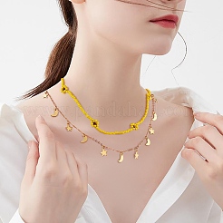 Glass Seed Braided Flower Double Layer Necklace&nbsp;NJEW-SW00015-01