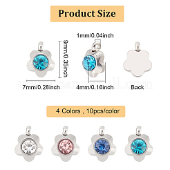 40Pcs 4 Colors 304 Stainless Steel Rhinestone Flower Charm Pendants&nbsp;STAS-DC0011-41