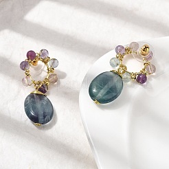 Natural Mixed Stone Dangle Stud Earrings&nbsp;EJEW-G454-01G
