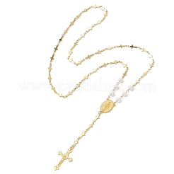 Round White Shell Pearl & Brass Rosary Bead Necklaces&nbsp;NJEW-JN05836