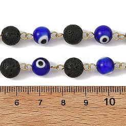 Round Handmade Evil Eye Lampwork Baeded & Natural Lava Rock Beaded Chain&nbsp;AJEW-JB01662