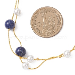 Brass Boston Link Chain Long Necklaces with Round Natural Lapis Lazuli and Shell Pearl&nbsp;NJEW-JN05722-01