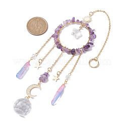Natural Amethyst Chip Pendant Decorations with Brass Moon & Cable Chain & Electroplated Quartz Crystal Tassel&nbsp;HJEW-JM01650-03